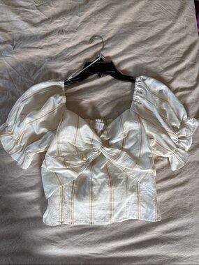 SAGE the label - Cream & Yellow Stripe Puff Sleeve Knot Front Top